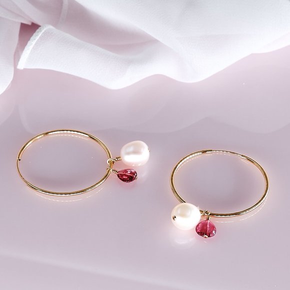 Pearl & Pink Tourmaline Hoop Earrings, 14K Gold Filled Thin Endless Hoops - Picture 7 of 11
